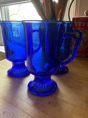 Cobalt Blue Glass Footed Mugs - Set of 3
